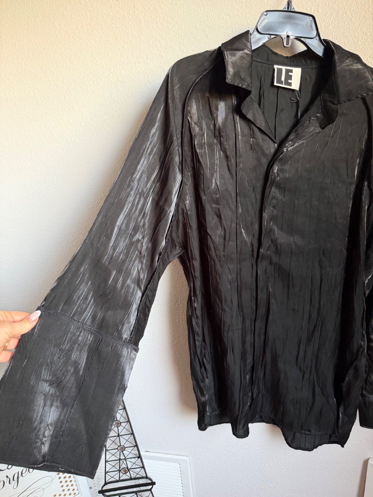 Nwt Local European Black Shimmer Crinkle Oversized Button Down Shirt Sz S — image 4 of 8